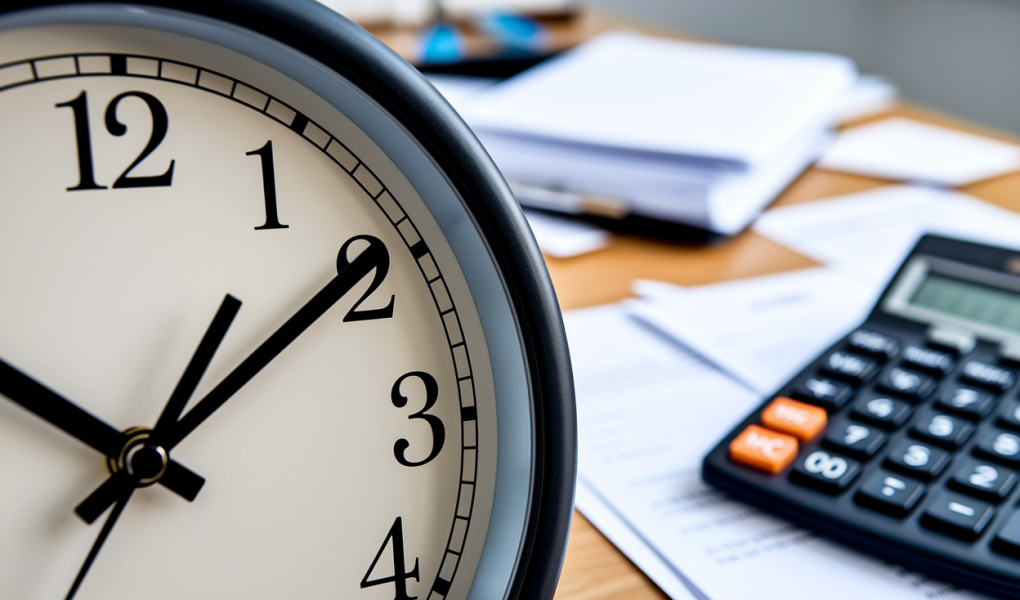 horloge-gros-plan-aiguilles-calculatrice-papiers