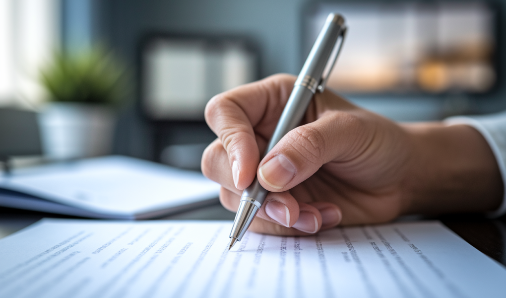 main-stylo-papier-texte-flou