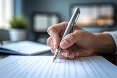 main-stylo-papier-texte-flou